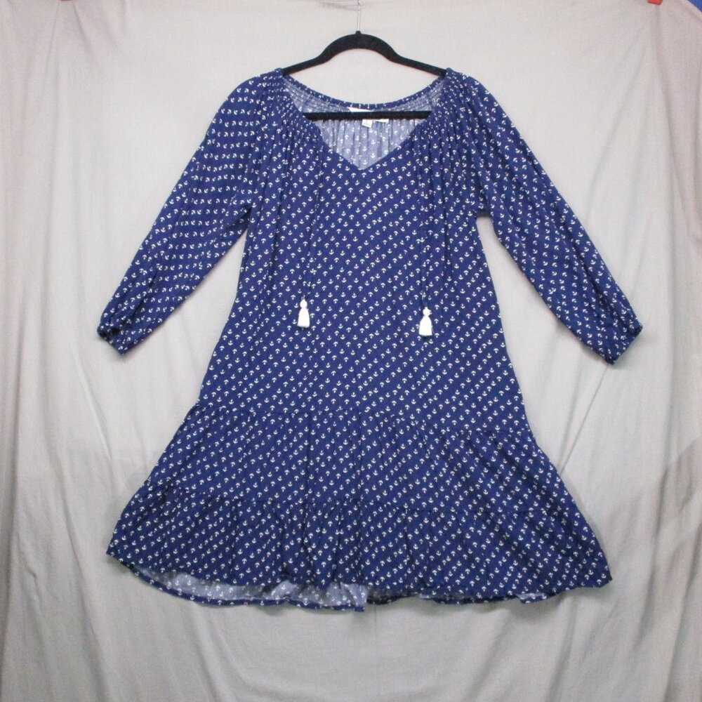 La Mer Luxe Marine Anchor Print Dress 3/4 Sleeve Blue/White Women Size | L